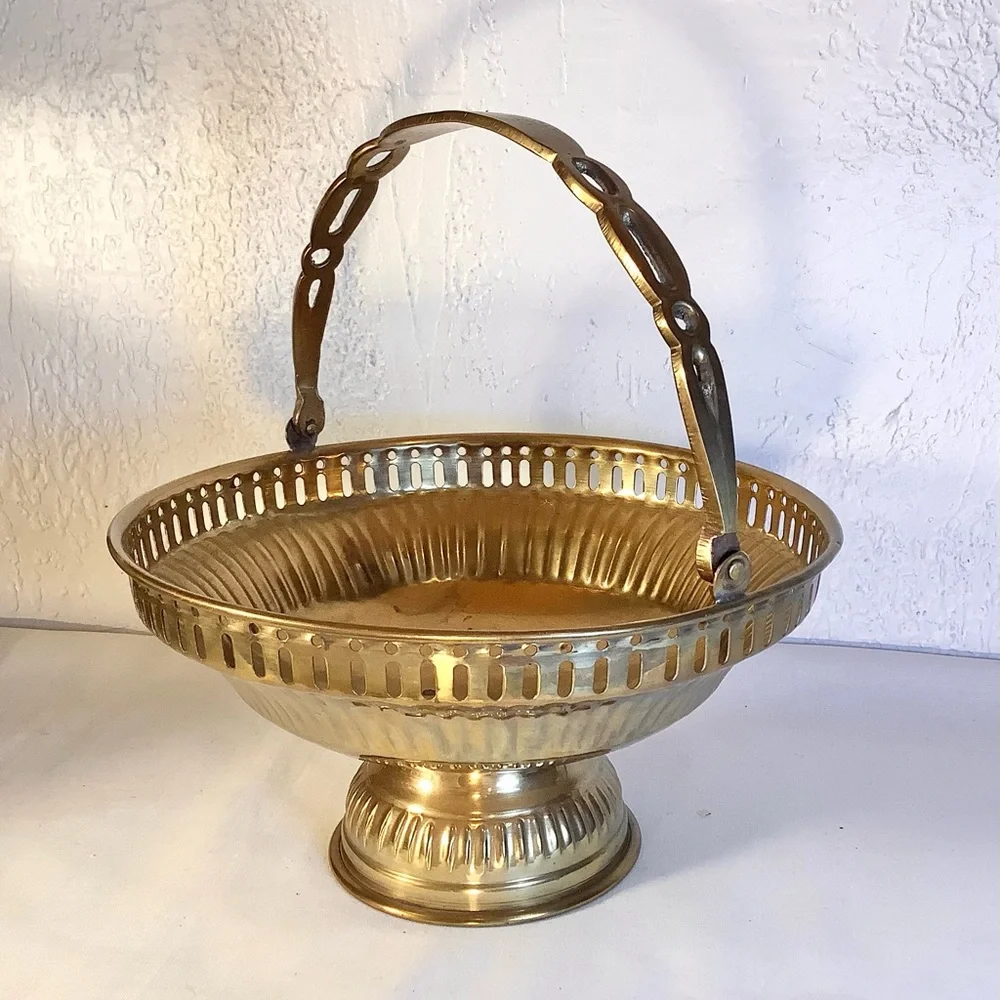 Vintage Brass Footed Bowl Basket With Handle - Detailed ~8 X 7.5 “